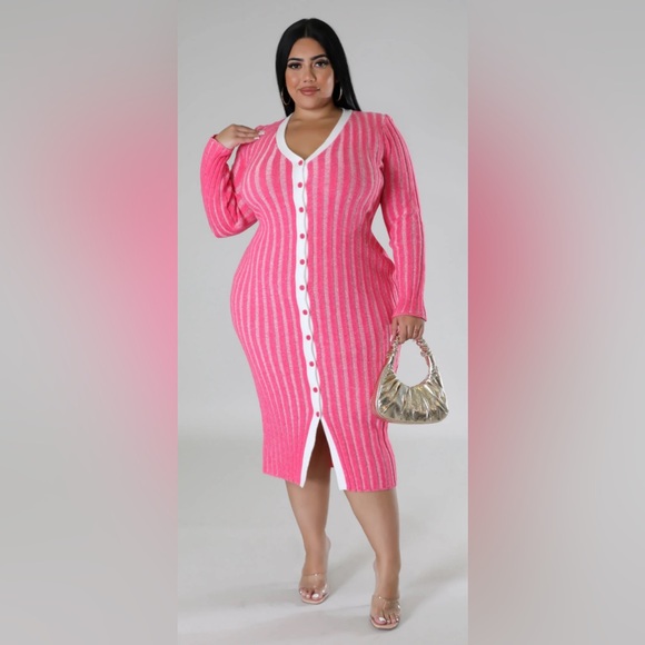 Pink Ribbed V-Neck Long Sleeve Dress - Picture 4 of 8